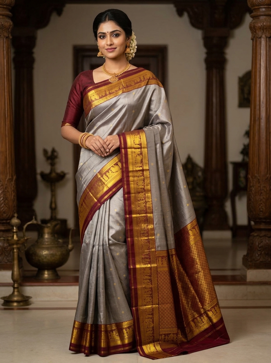 Grey and Maroon Kanchipuram Handloom Bridal Silk Sarees