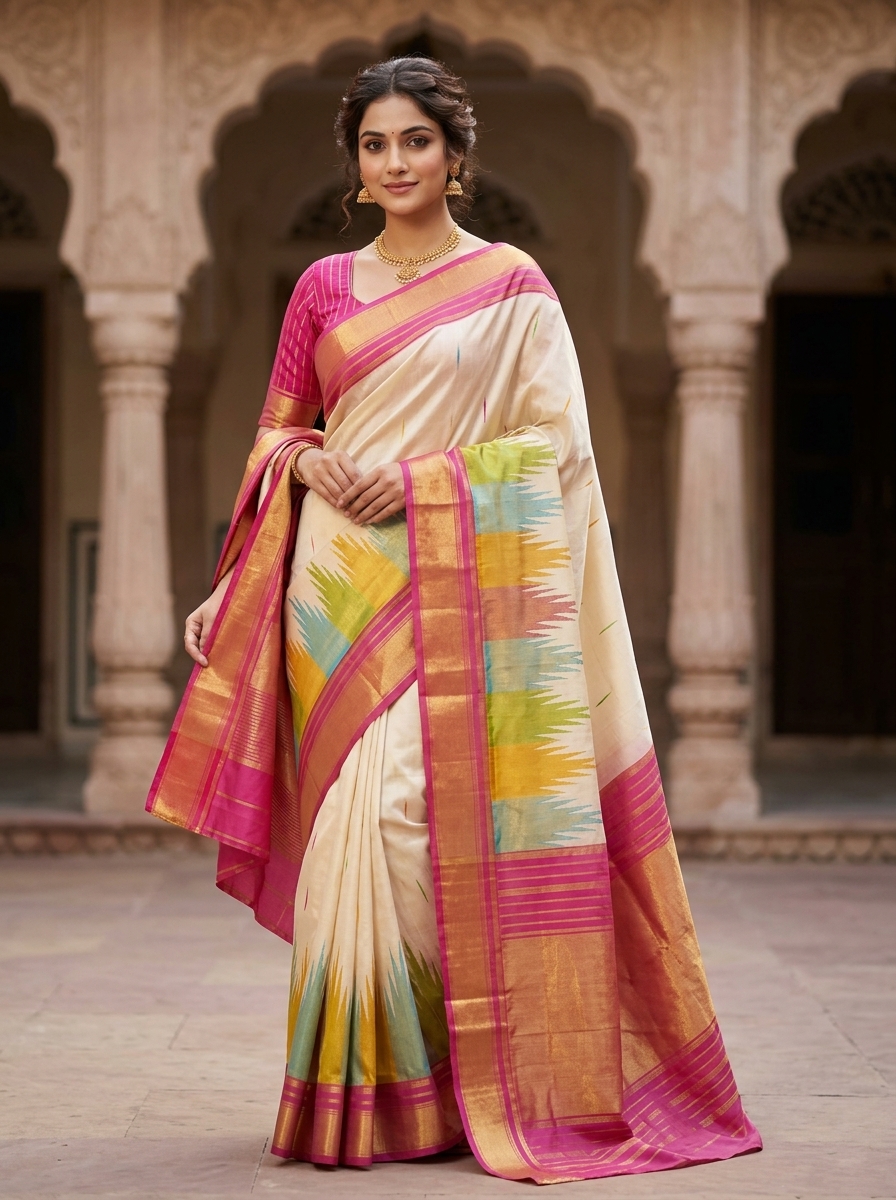 Off-White Cream and Pink Kanchipuram Handloom Bridal Silk Sarees