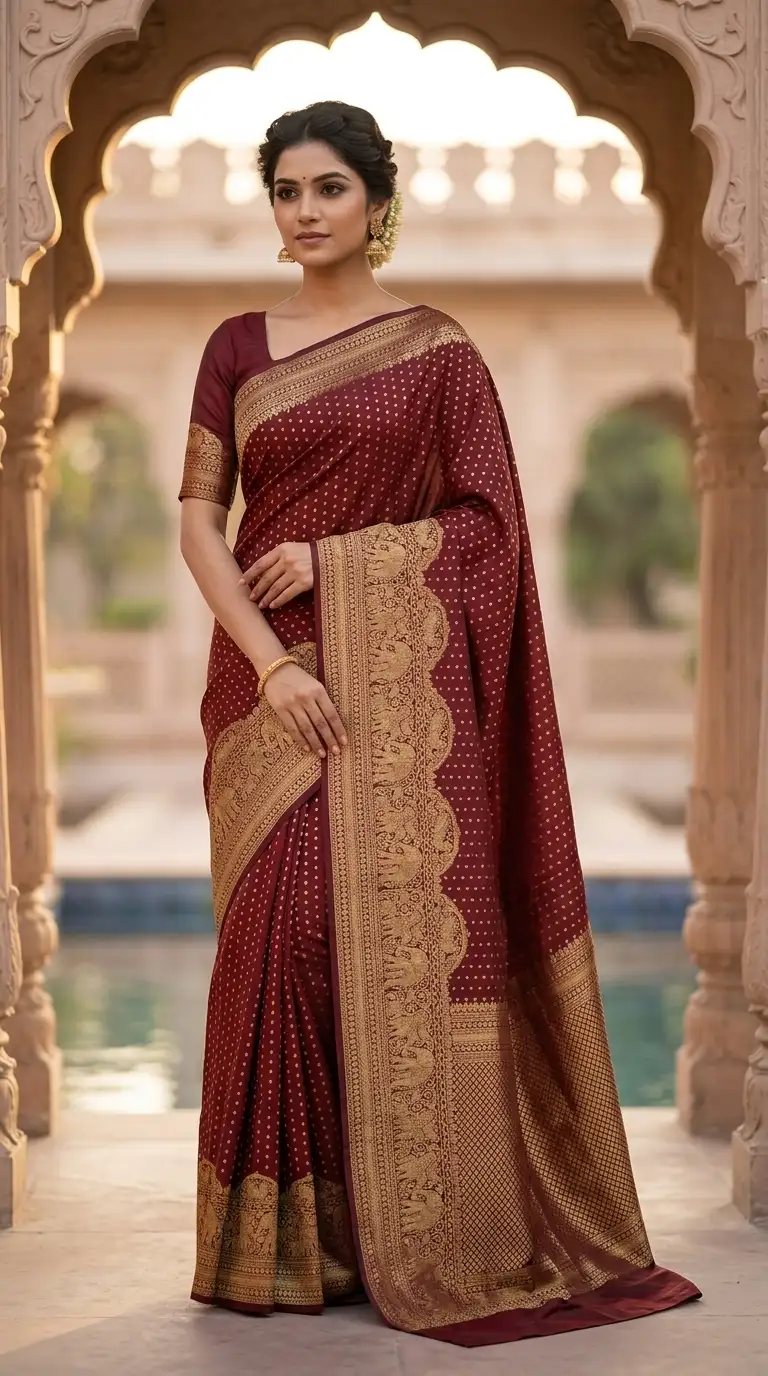 Maroon Kanchipuram Silk Saree with Intricate Gold Zari Woven Border