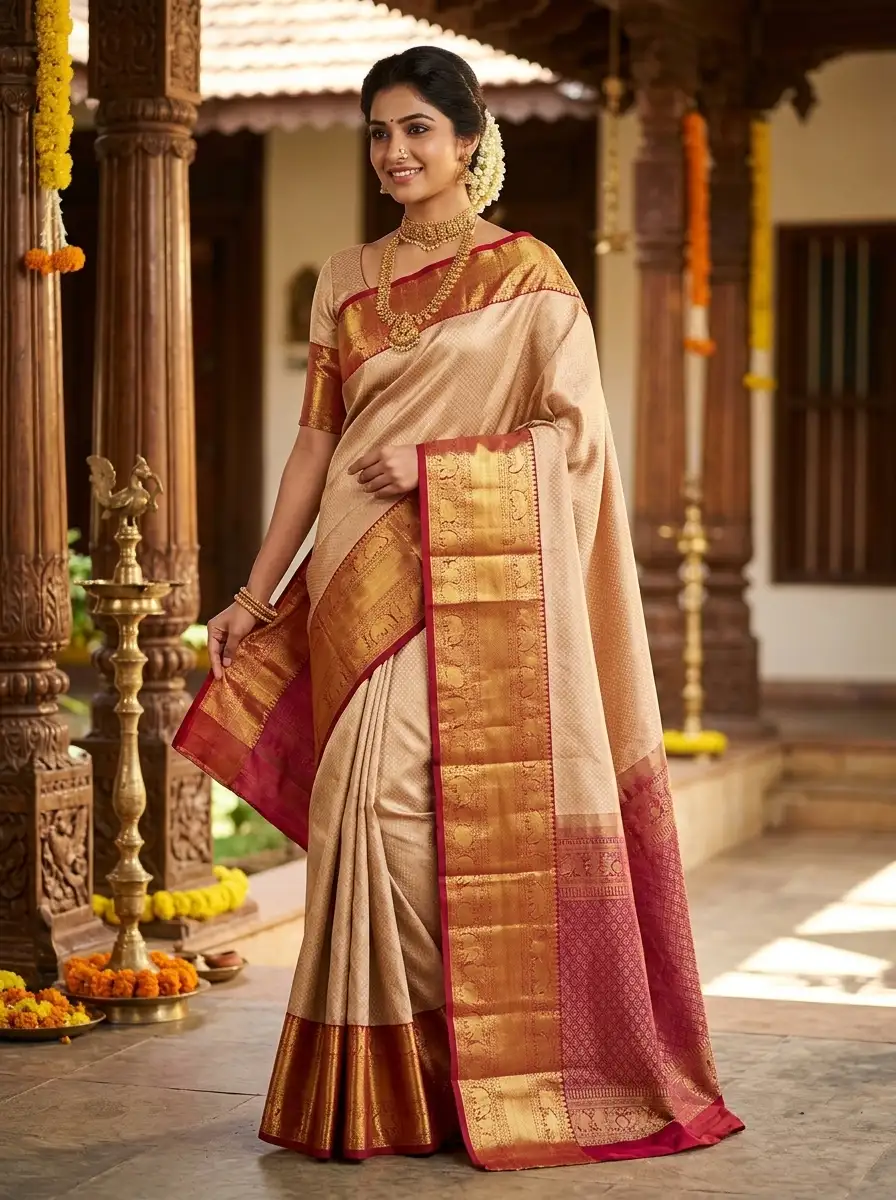 Champagne Gold Bridal Kanchipuram Silk Brocade Saree.
