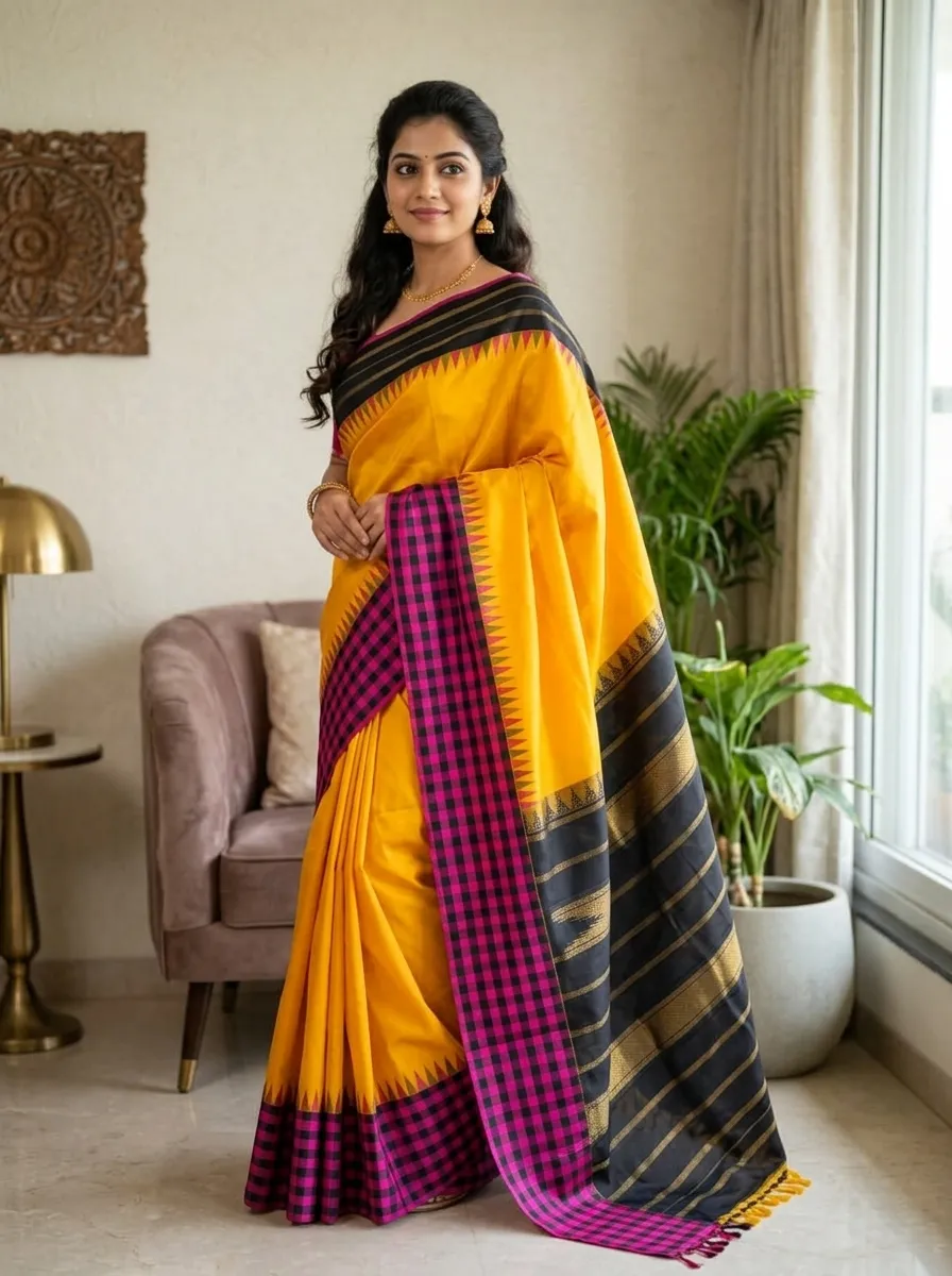 Yellow & Black Border Checked Silk Saree