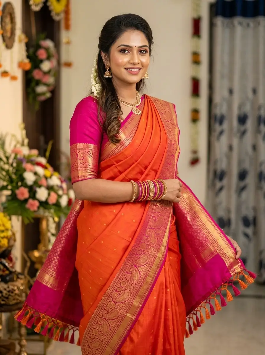 Orange with Pink Zari Border Paithani Silk Saree