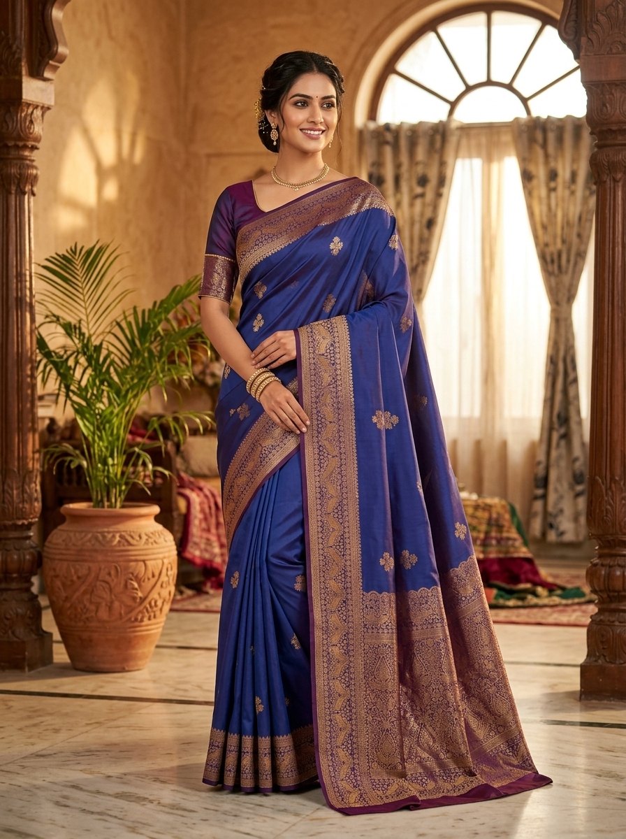 Banarasi Soft Lichi Silk Jacquard Woven Saree with Floral Butta Design