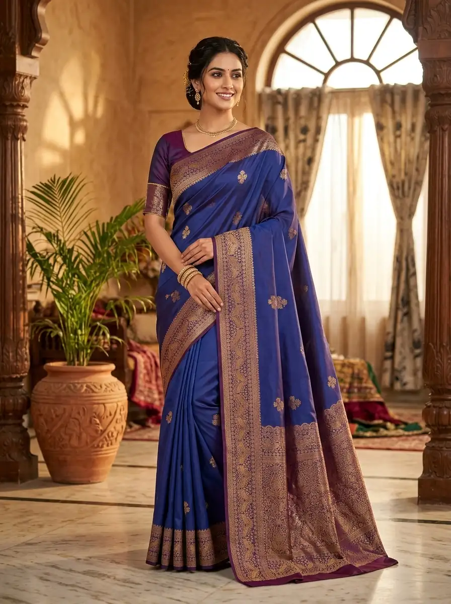 Banarasi Soft Lichi Silk Jacquard Woven Saree with Floral Butta Design