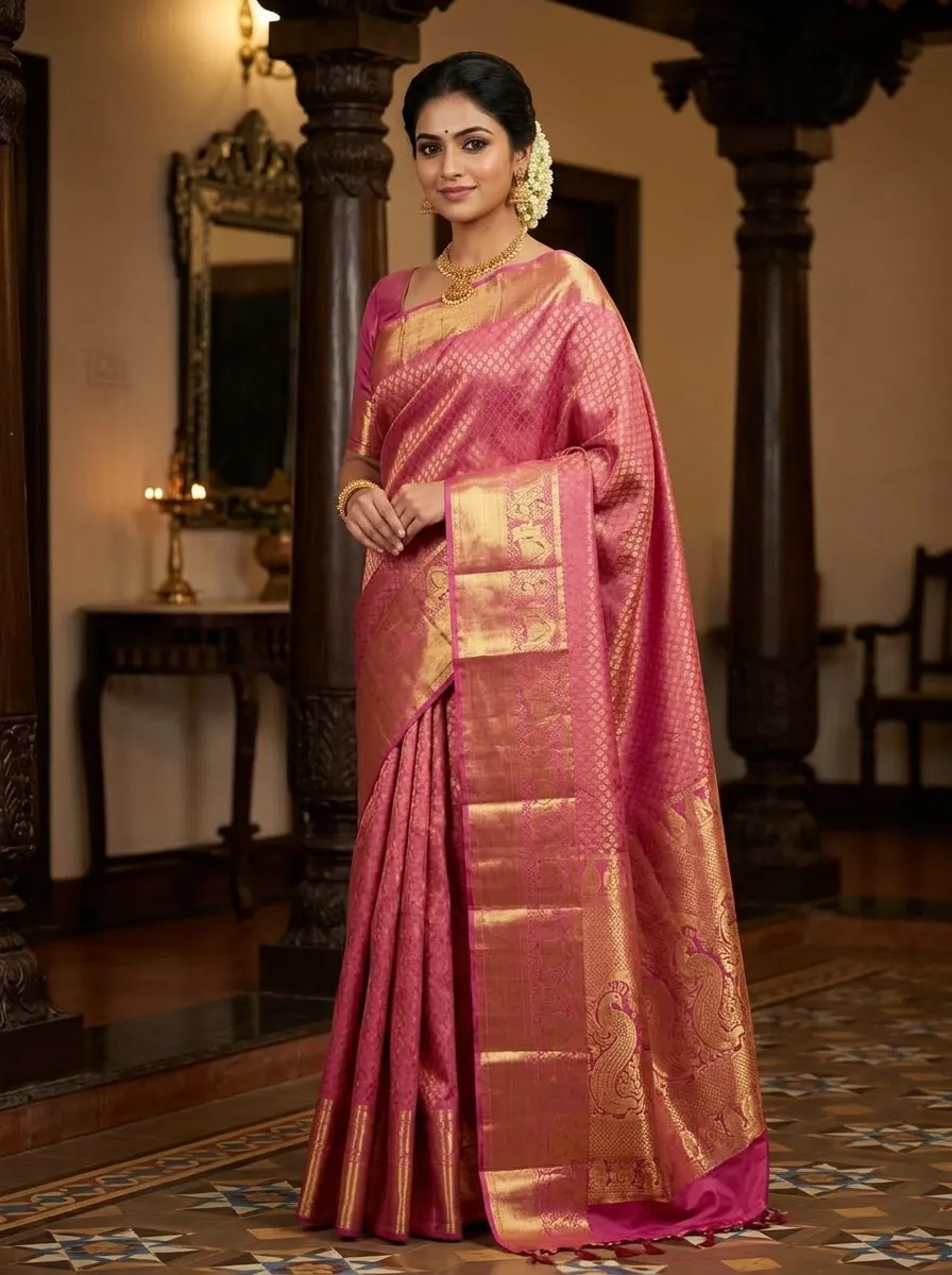 Kanjivaram Soft Tissue Silk Bridal Saree Rose Pink - Rani Pink