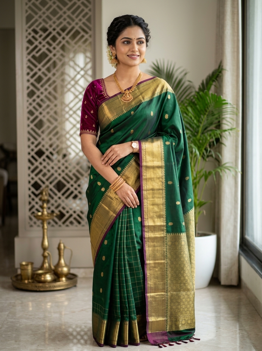 Bottle Green and Magenta Contrast Border Premium Traditional Saree with Rich Pallu