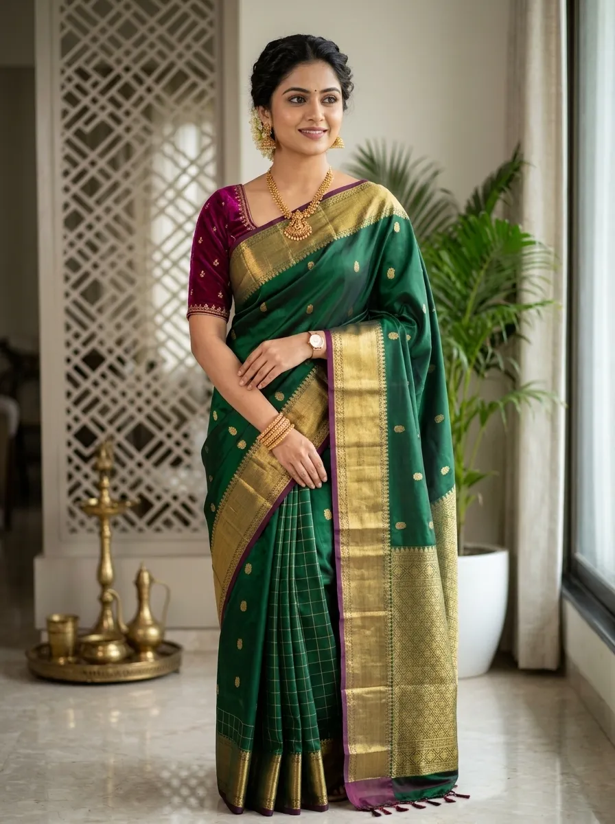 Bottle Green and Magenta Contrast Border Premium Traditional Saree with Rich Pallu