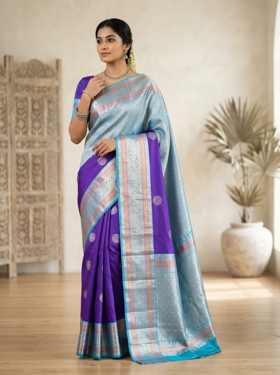 Pure Kanchipuram Pattu Silk Saree in Purple & Sky Blue