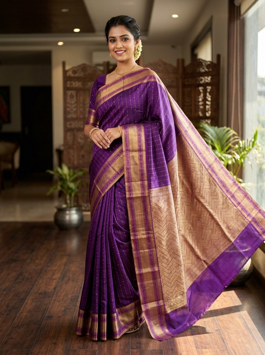 Royal Purple and Gold Traditional Zari Border Premium Silk Saree with Rich Pallu