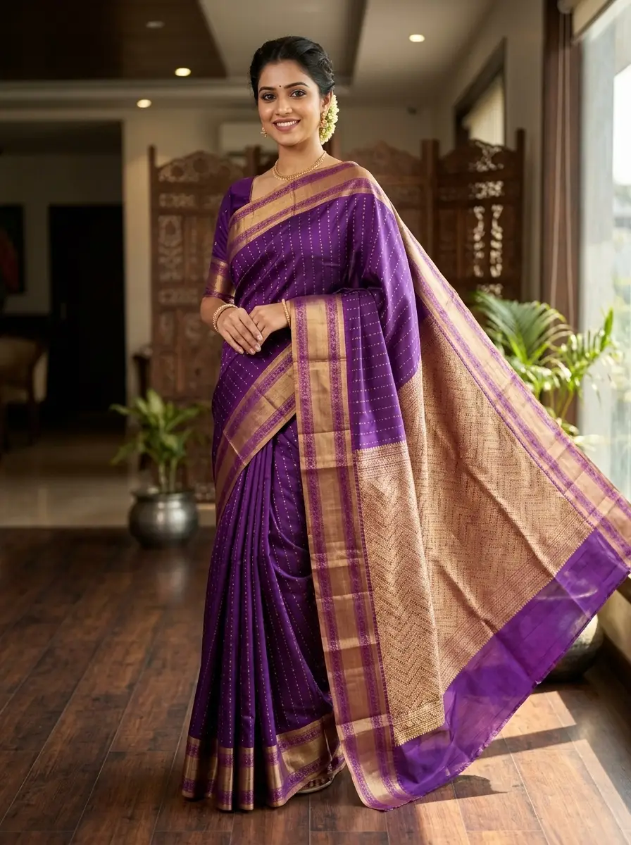 Royal Purple and Gold Traditional Zari Border Premium Silk Saree with Rich Pallu