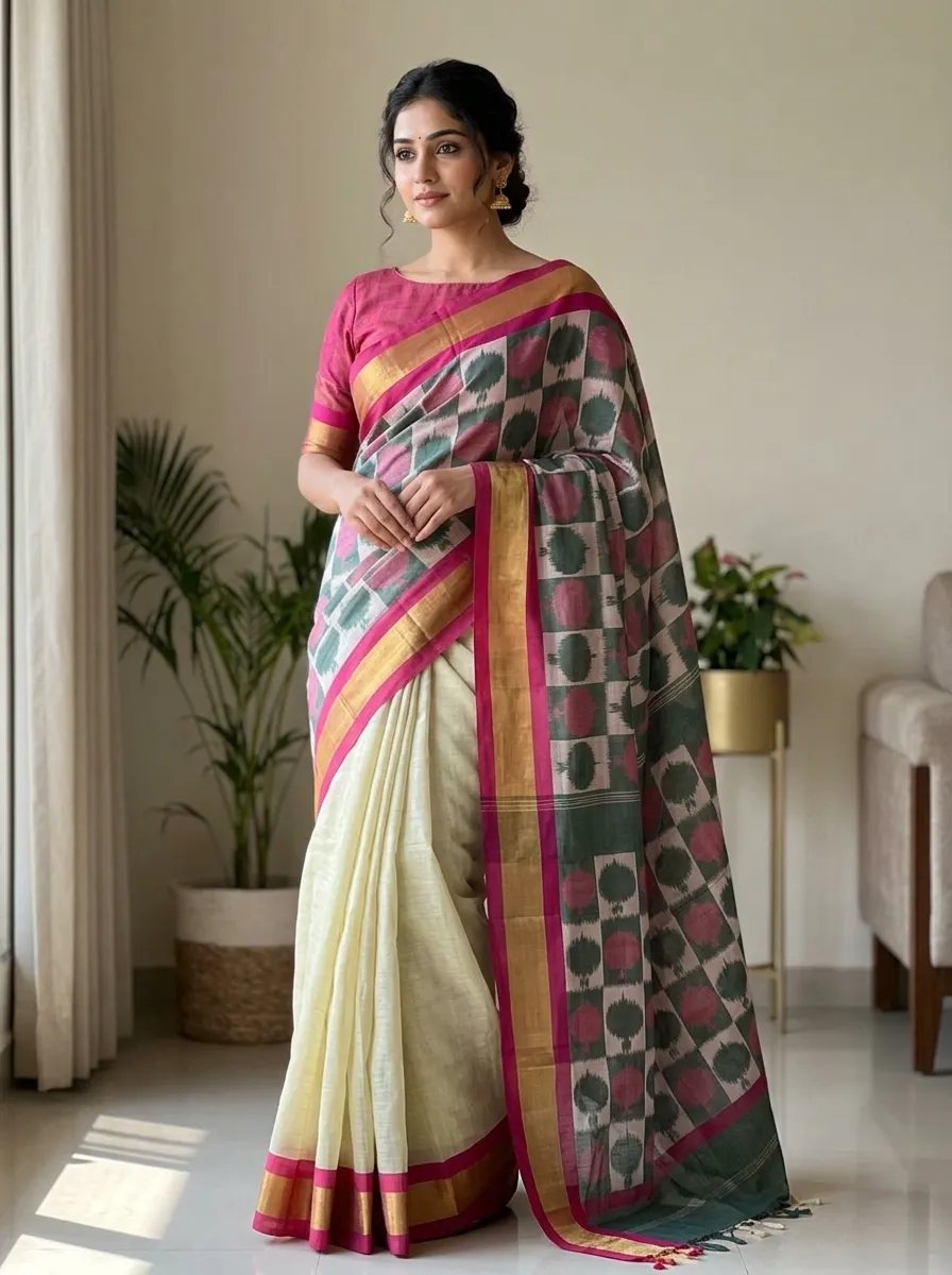 Cream Elegant & Gold-Toned Ikat Woven Saree