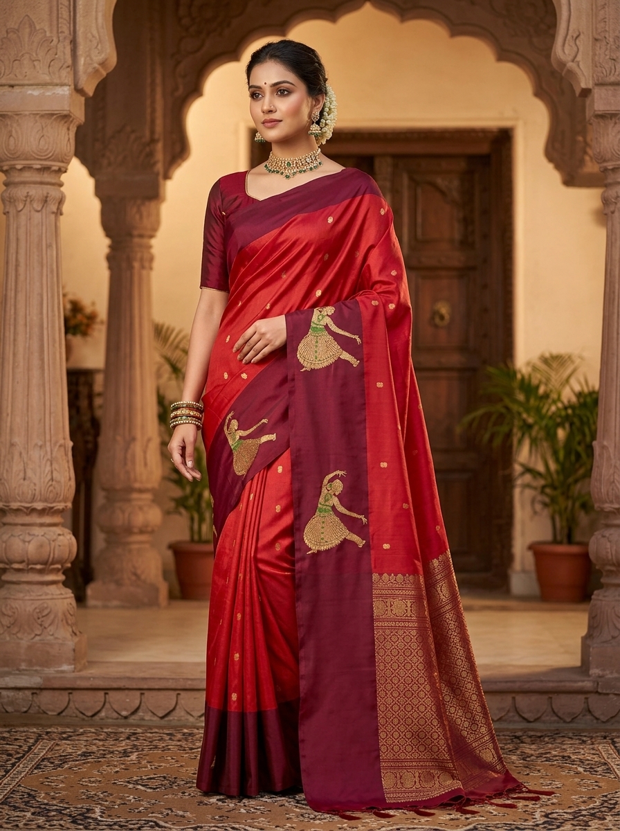 Crimson Red & Maroon Peacock Saree