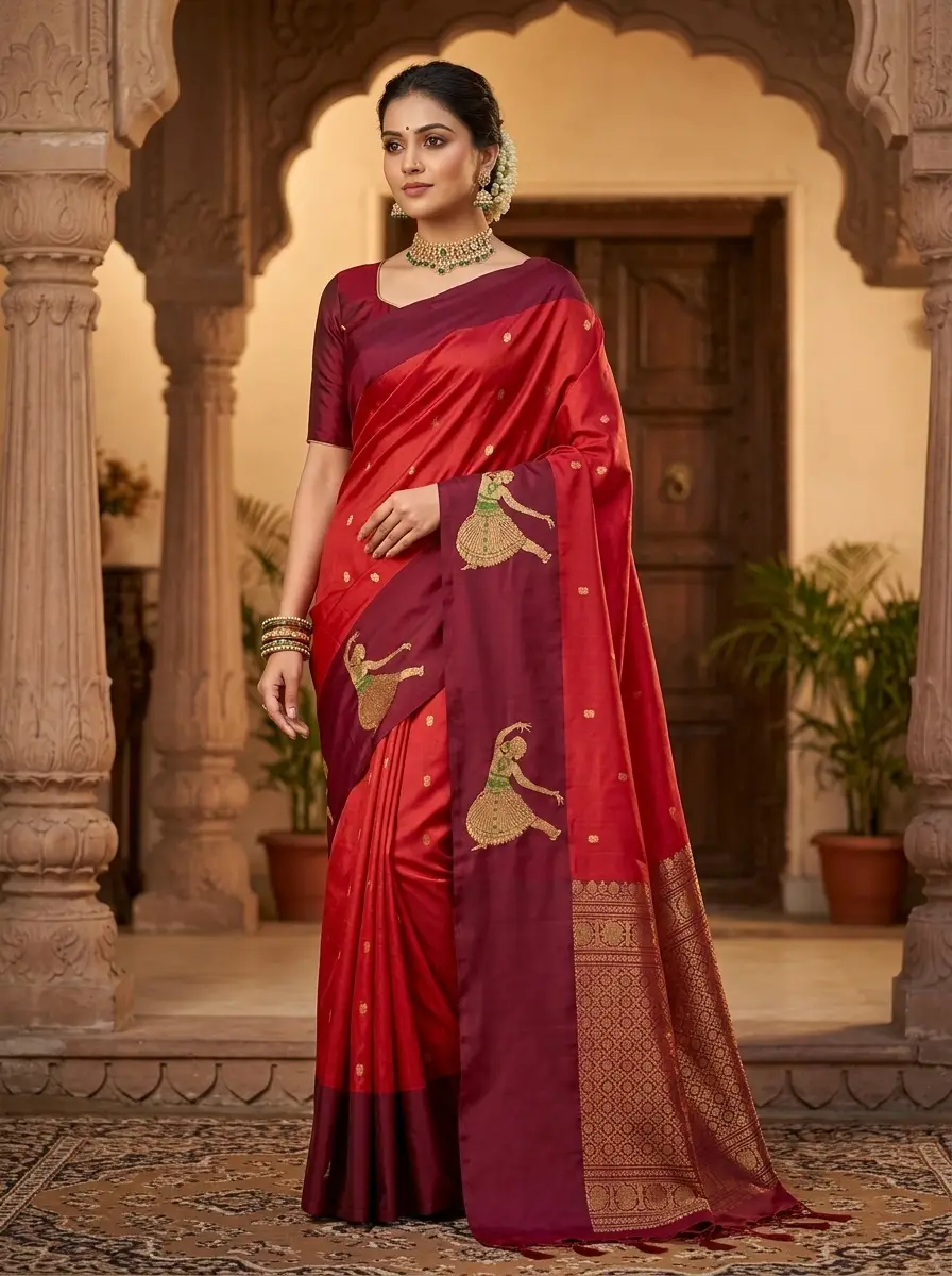 Crimson Red & Maroon Peacock Saree