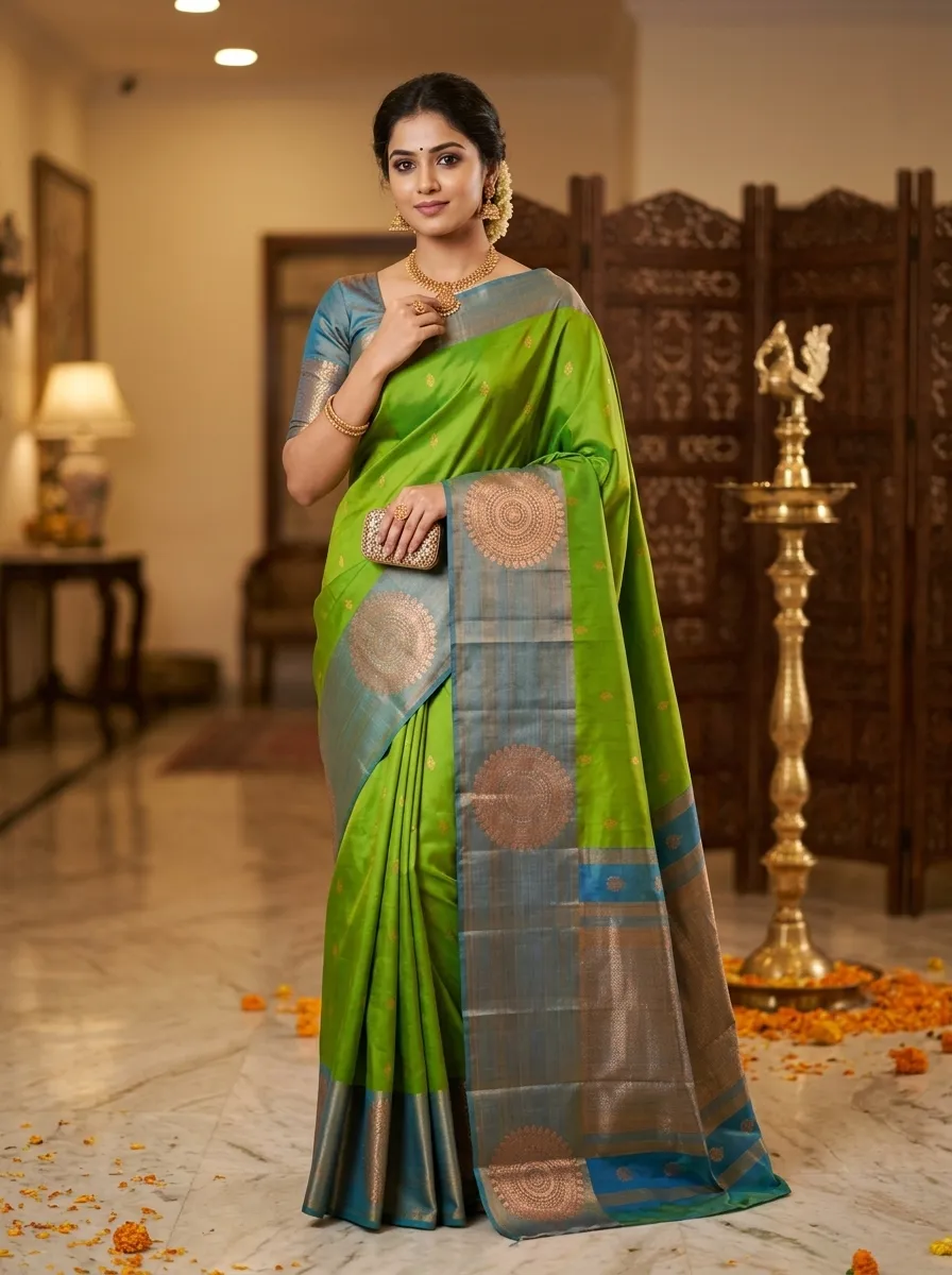 Parrot Green & Turquoise Blue Paithani Saree