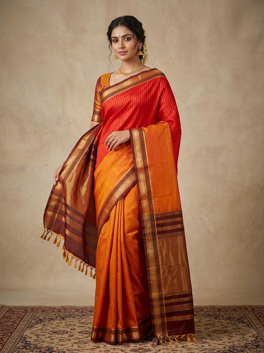 Mango Orange with Deep Red Pure Kanchipuram Traditional Handloom Silk Saree