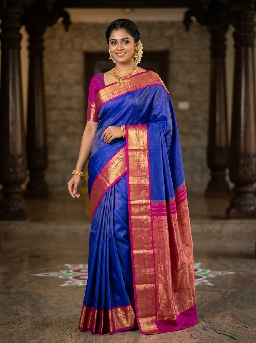 Royal Blue Pure Handloom Bridal Kanchipuram Silk Saree