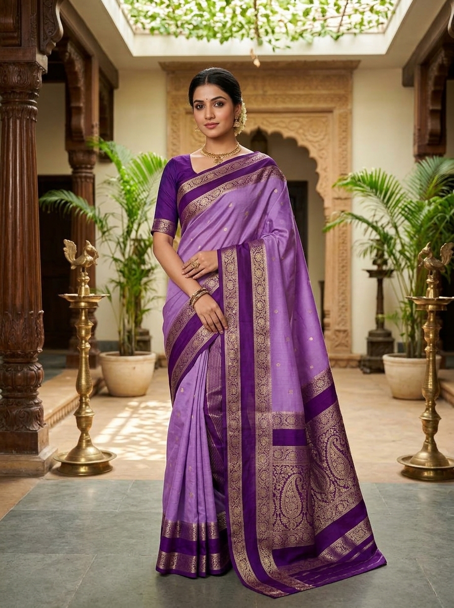 Soft Lavender with Deep Purple Border Royal Chap Dye Mysore Crepe Saree with Rich Contrast Zari Border