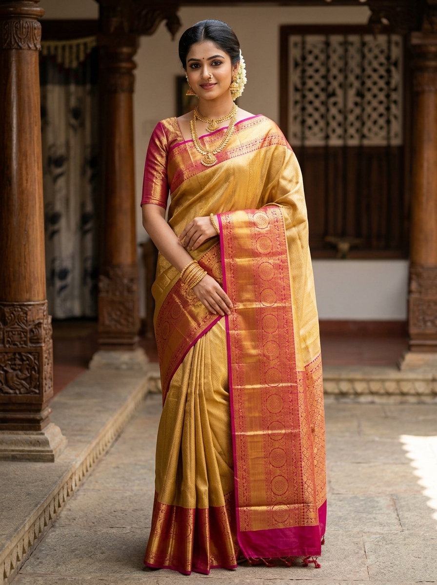 Pale Gold with Magenta Pink Kanchipuram Pure Silk Long Bordered Full Tissue Bridal Designed Saree