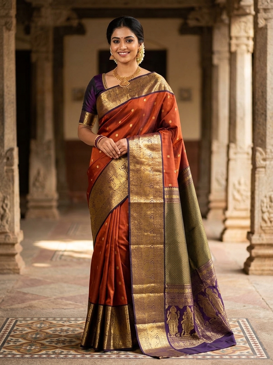 Rust Orange Pure Handloom Bridal Kanchipuram Silk Saree