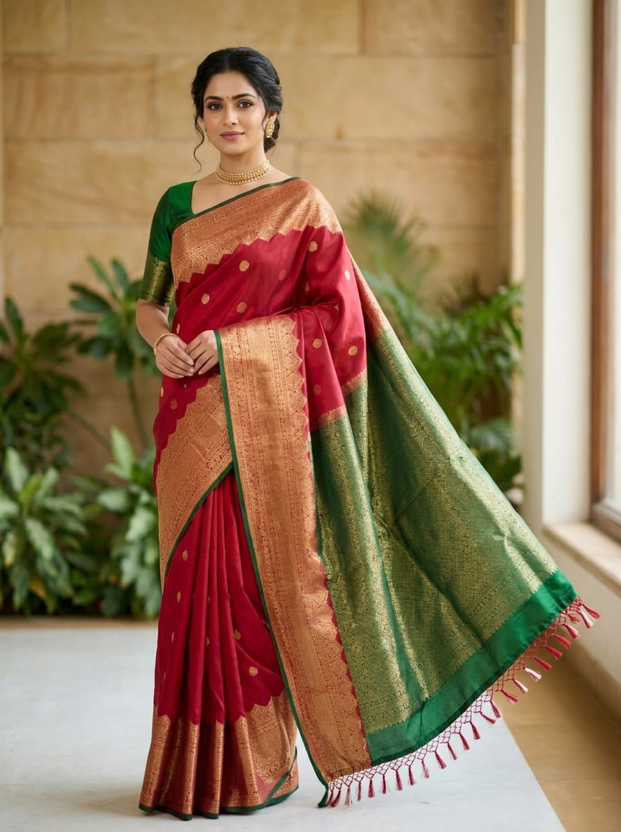 Sindoor Red with Green Pure Kanchipuram Handwoven Silk Saree