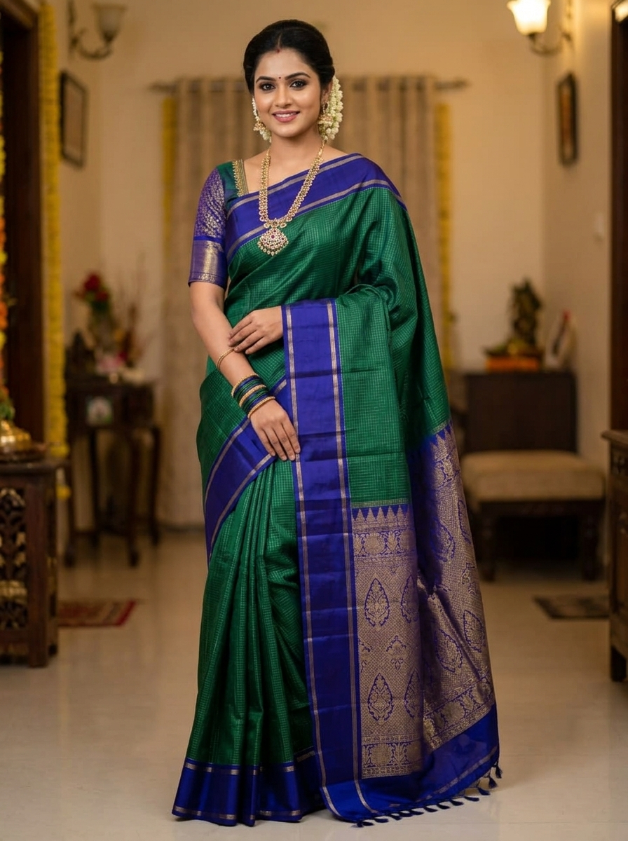 Royal Emerald with Royal Blue Pure Kanchipuram Handwoven Silk Saree