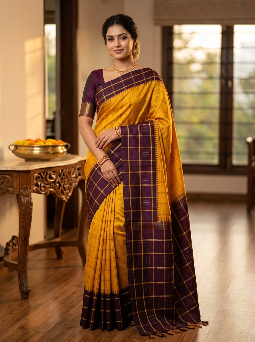 Yellow & Black Temple Border Saree