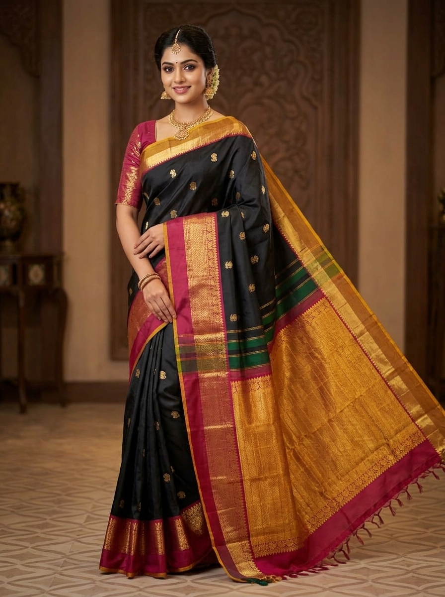 Ebony Black Kanjivaram Handloom Bridal Silk Saree