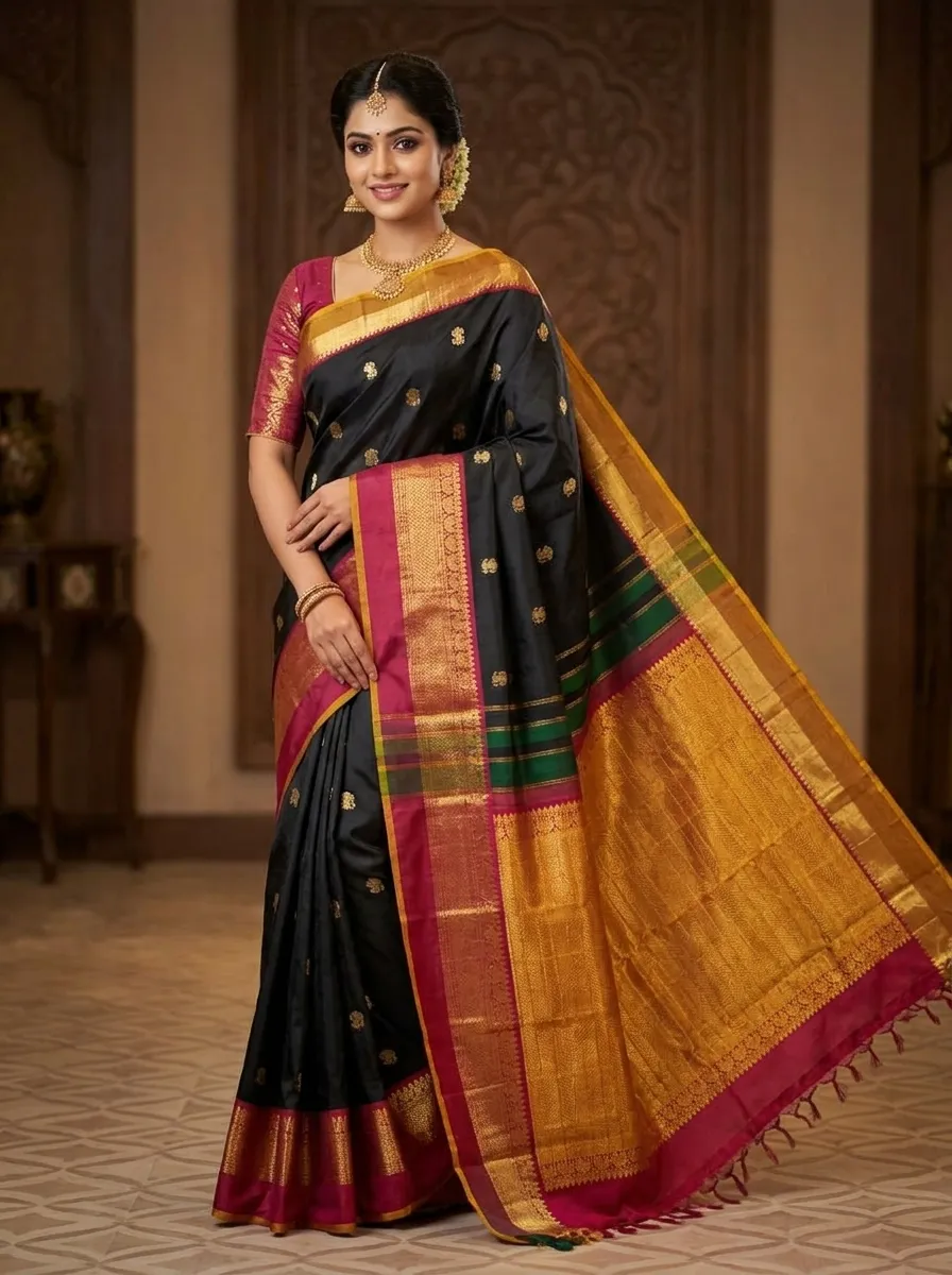 Ebony Black Kanjivaram Handloom Bridal Silk Saree