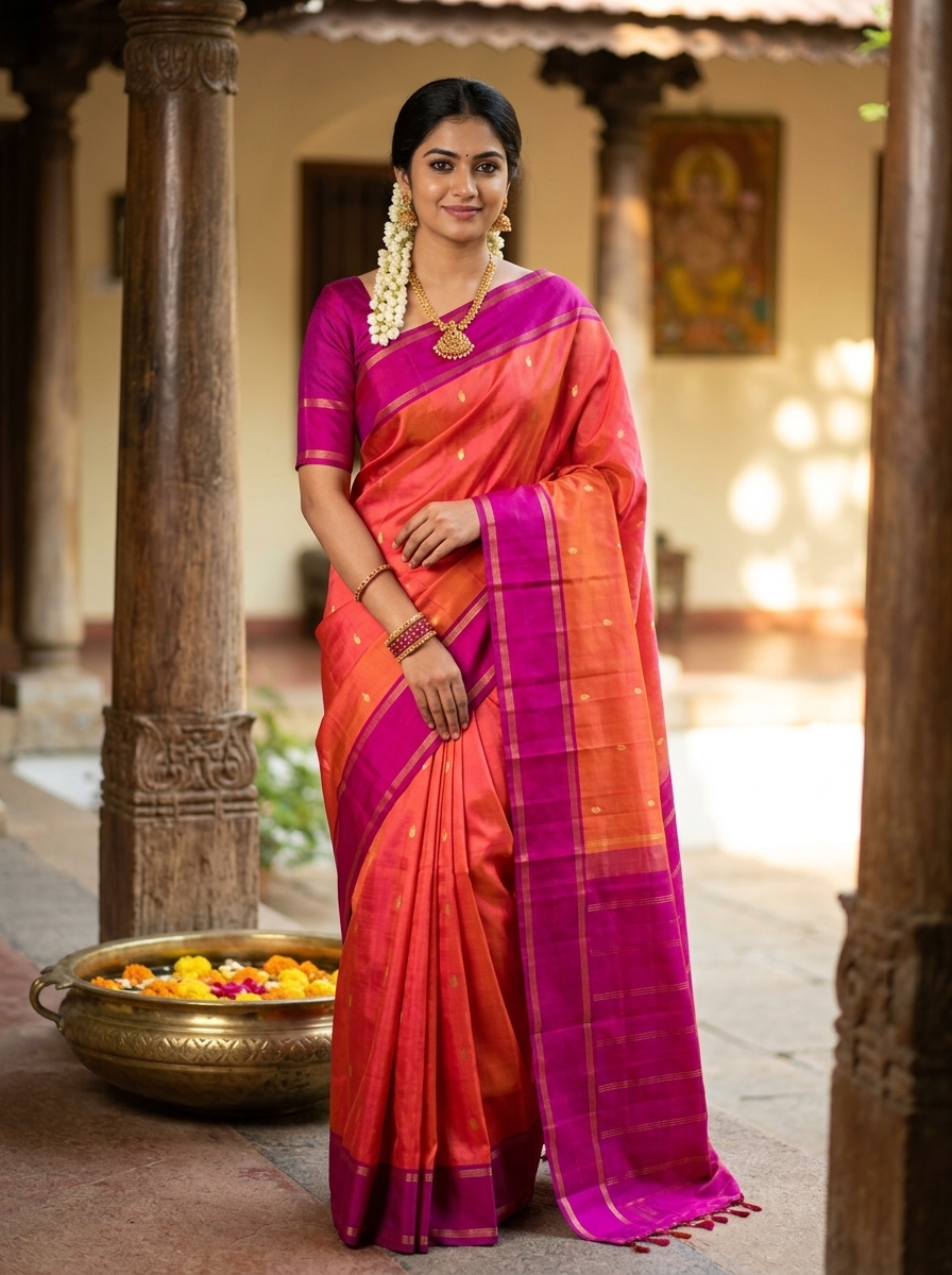 Orange Kanchipuram Silk Saree with a Contrast Pink Zari Border