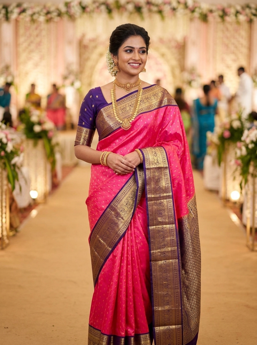 Rani Pink Kanjivaram Silk Saree with a Contrast Purple Zari Border.