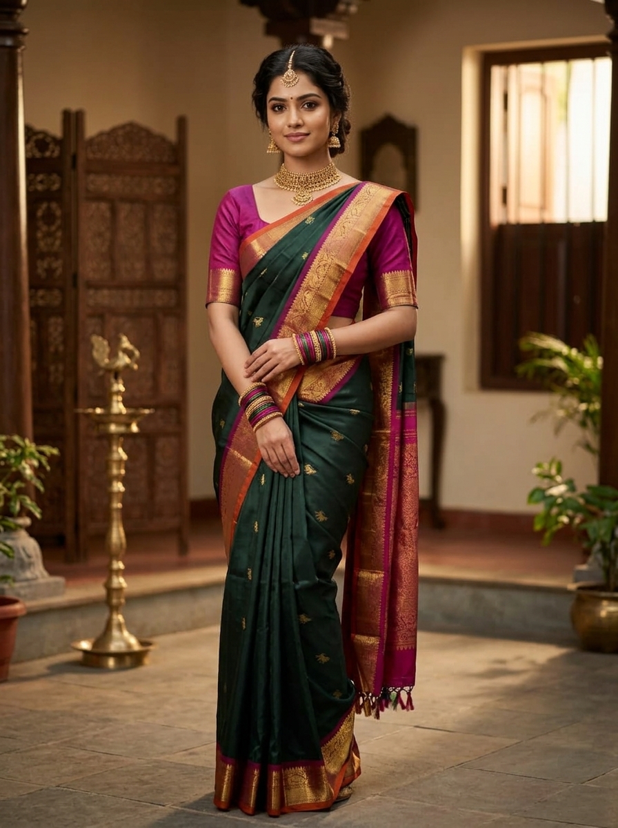 Bottle Green Kanjivaram Silk Saree with  Pink Zari Border.