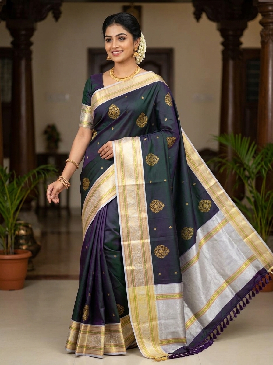 Dual-Tone Peacock Green-Purple Kanjivaram Silk Saree.