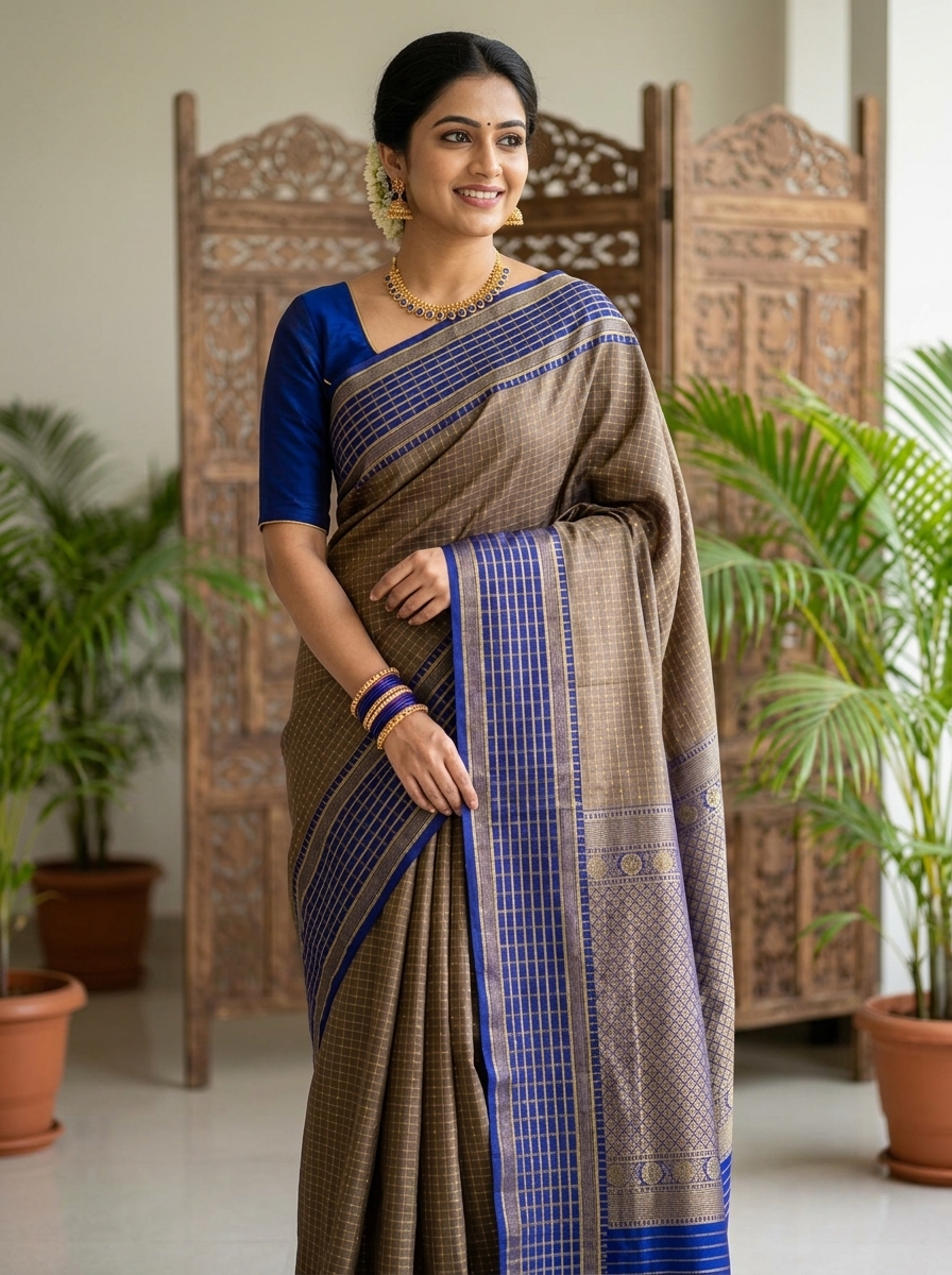 Kanchipuram Pure Silk Checked Bordered & Stripes Body Designed Sarees