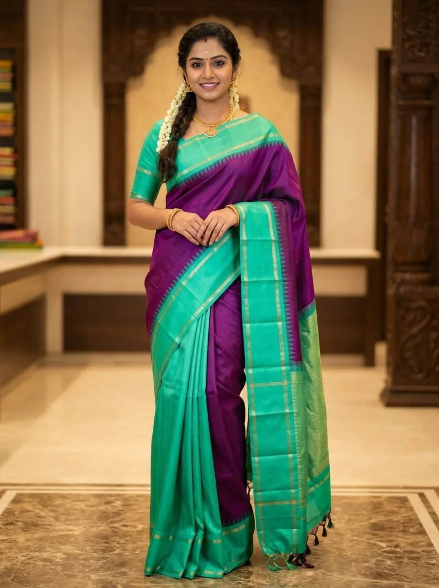 Royal Purple with Turquoise Blue Pure Kanchipuram Silk Saree with Contrast Korvai Temple Border