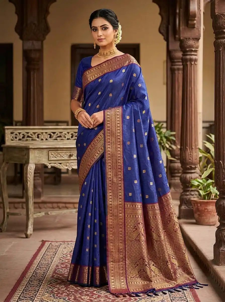 Royal Blue Kanjivaram Silk Saree with Intricate Gold Woven Zari Work