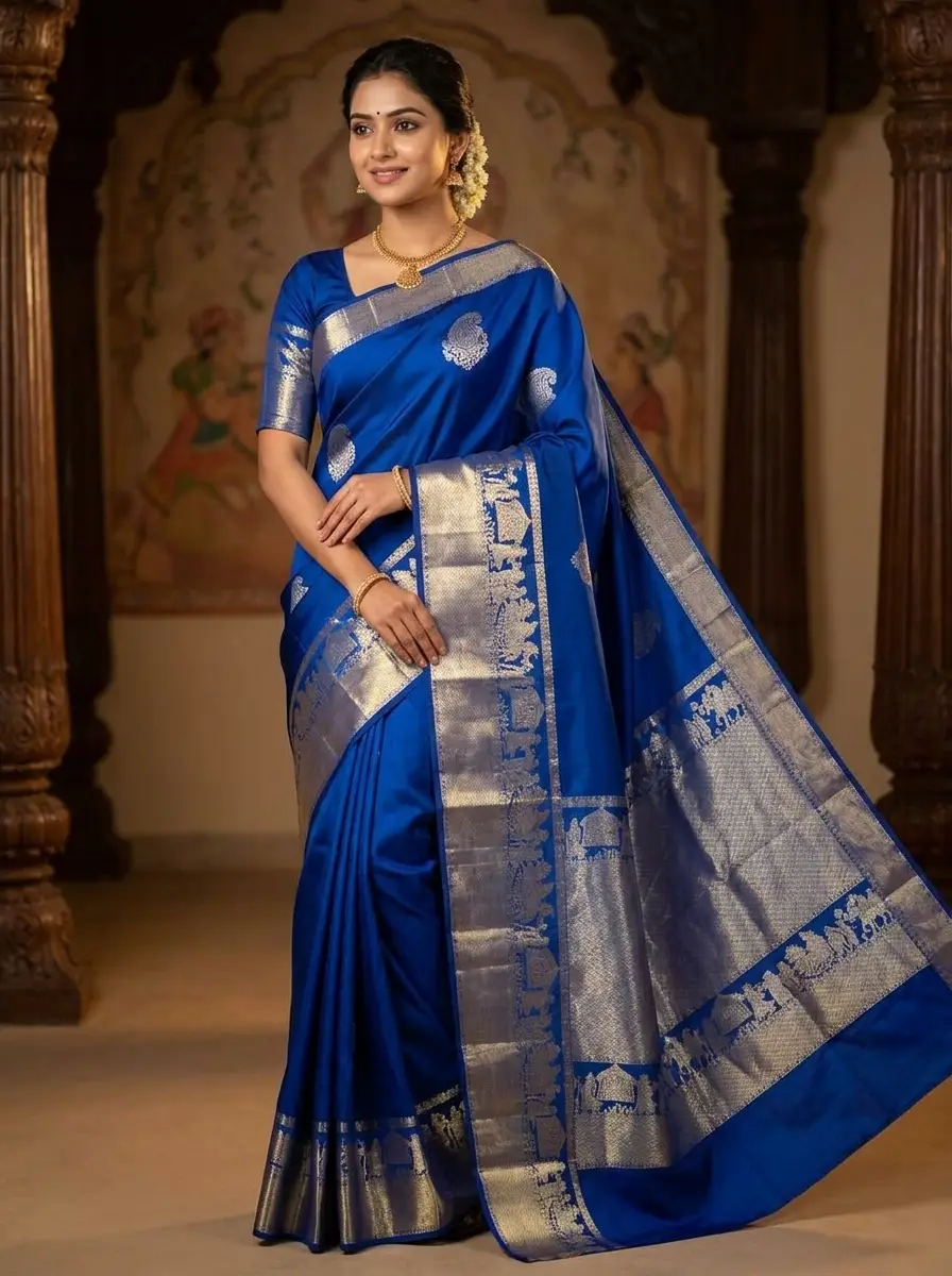 Royal Blue Silver Zari Kanchipuram Handloom Bridal Silk Saree