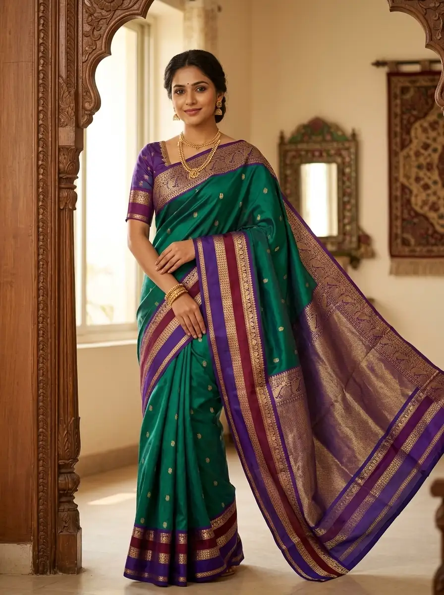 Pure kanchipuram silk sarees handwoven with  Green and Purple