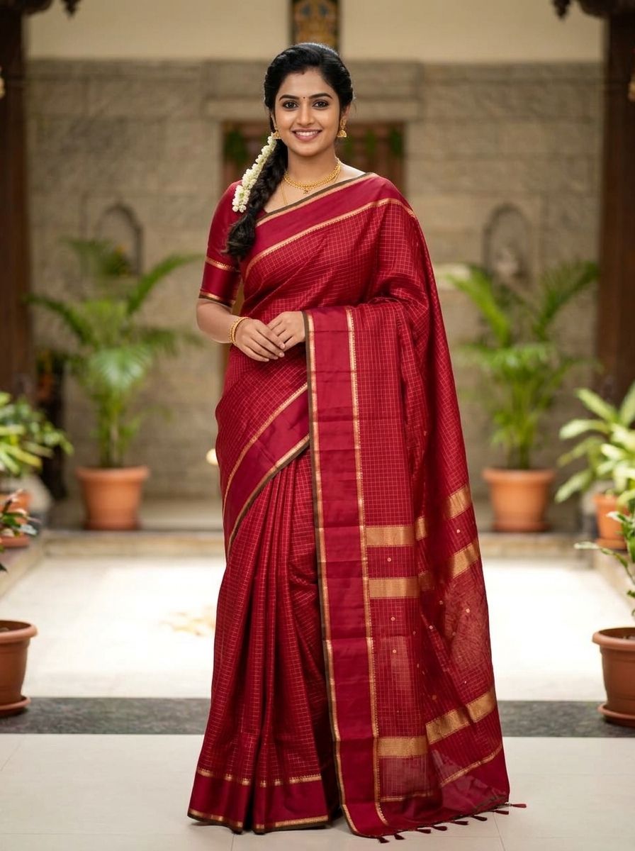 Kanjivaram Silk Red Checked Saree with Gold Zari Border Silk Saree