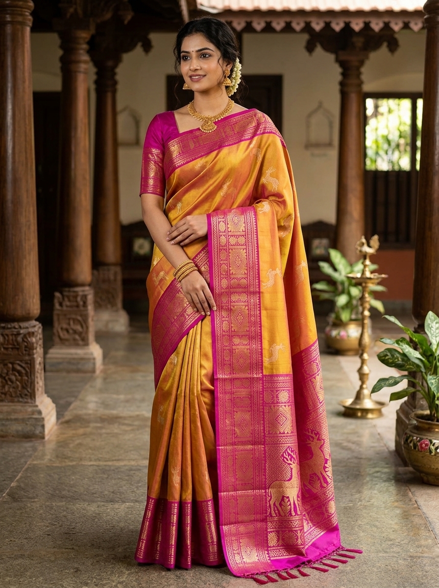 Kanchipuram Silk Saree traditional zari borders Golden Yellow