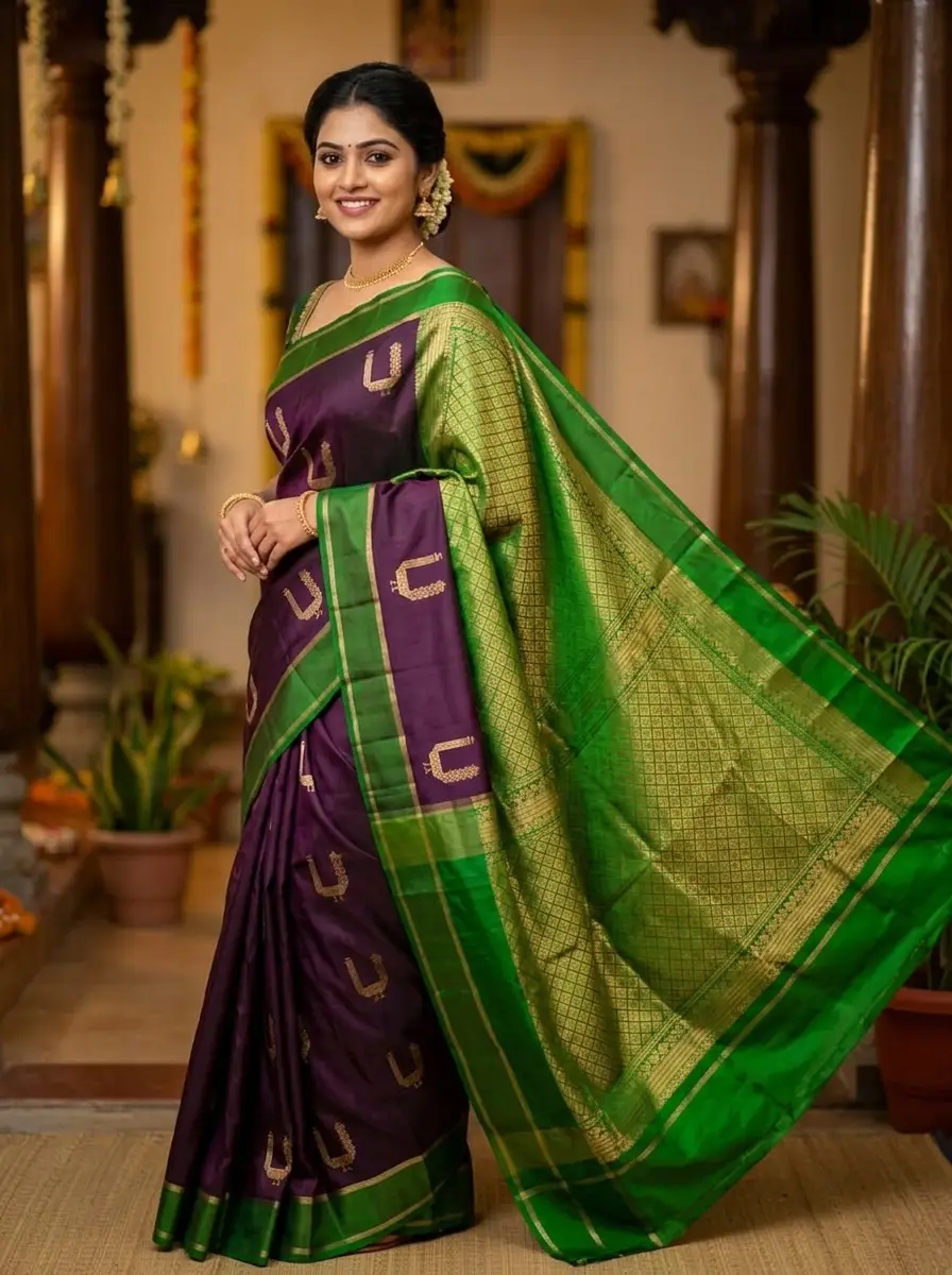 Deep Purple & Parrot Green Kanjivaram Silk Saree