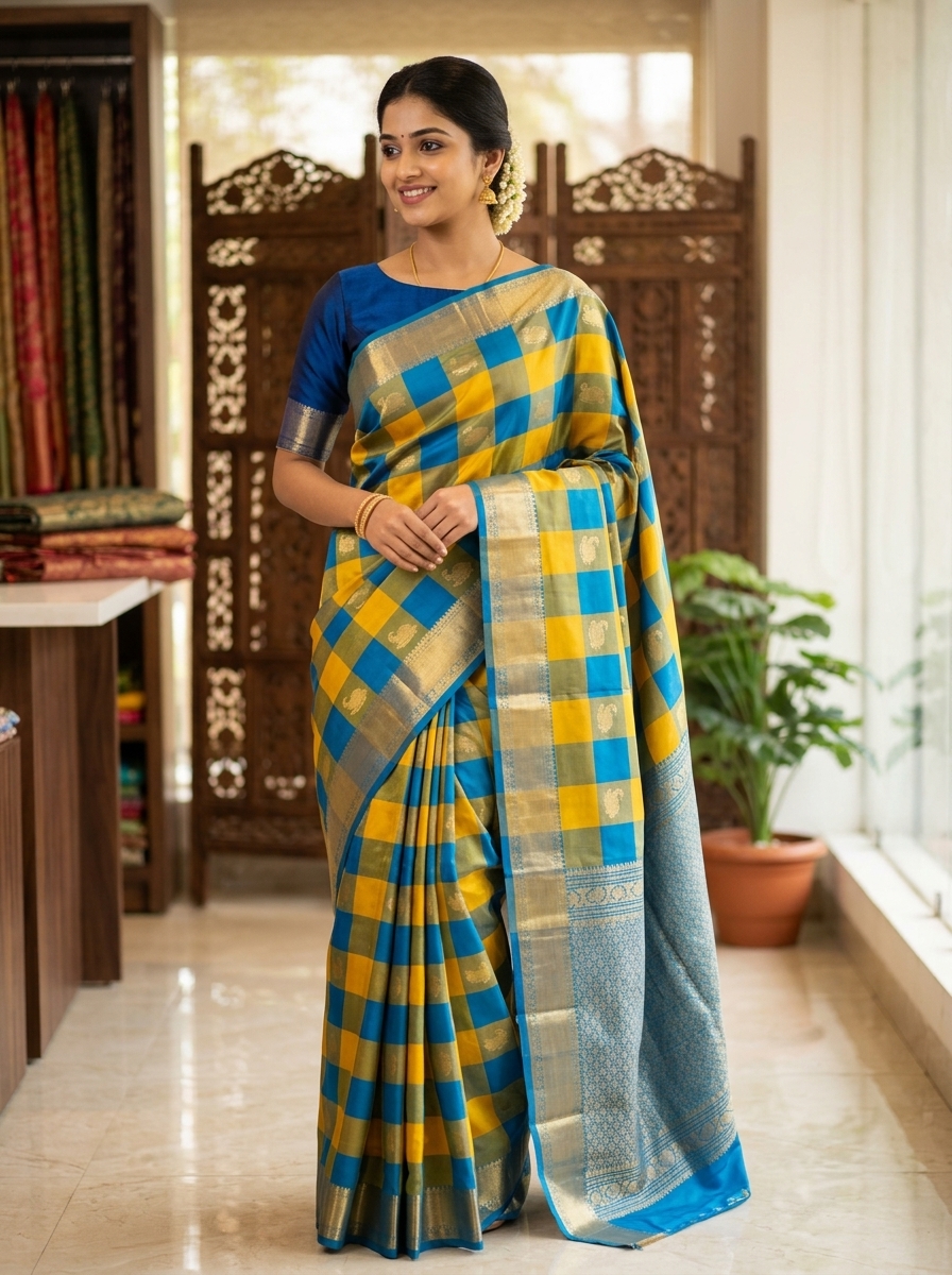 Blue and Yellow Checked Traditional Kanchipuram Silk Saree