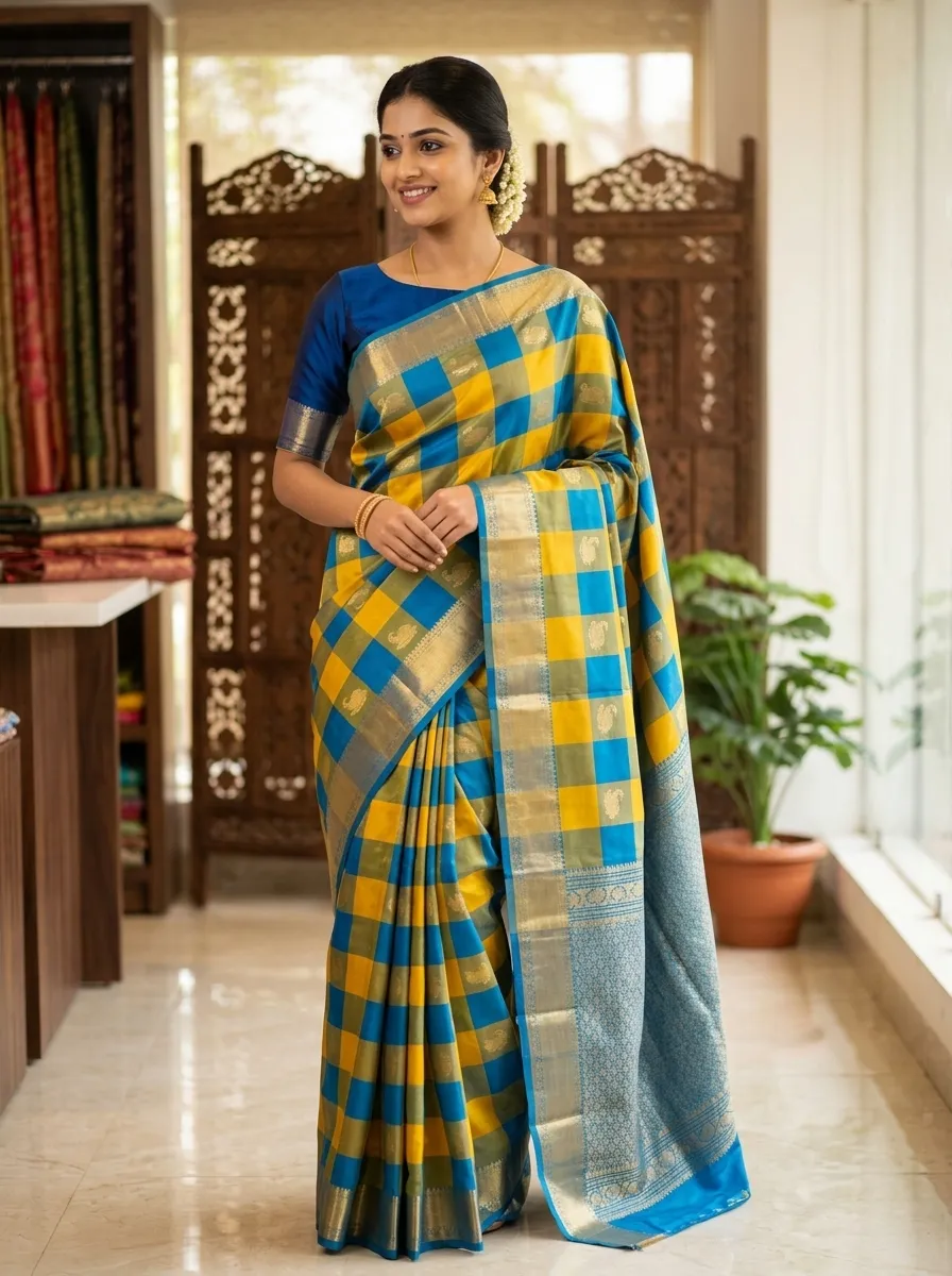 Blue and Yellow Checked Traditional Kanchipuram Silk Saree