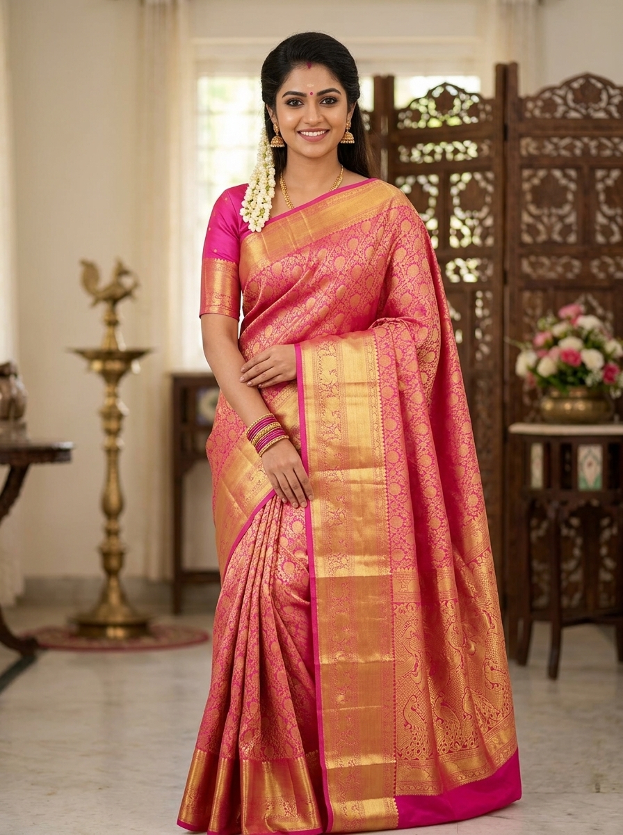 Rani Pink Kanjivaram Silk Saree with a Broad Golden Zari Border