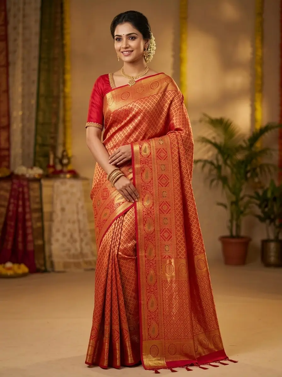 Bridal Red Kanchipuram Silk Brocade Saree