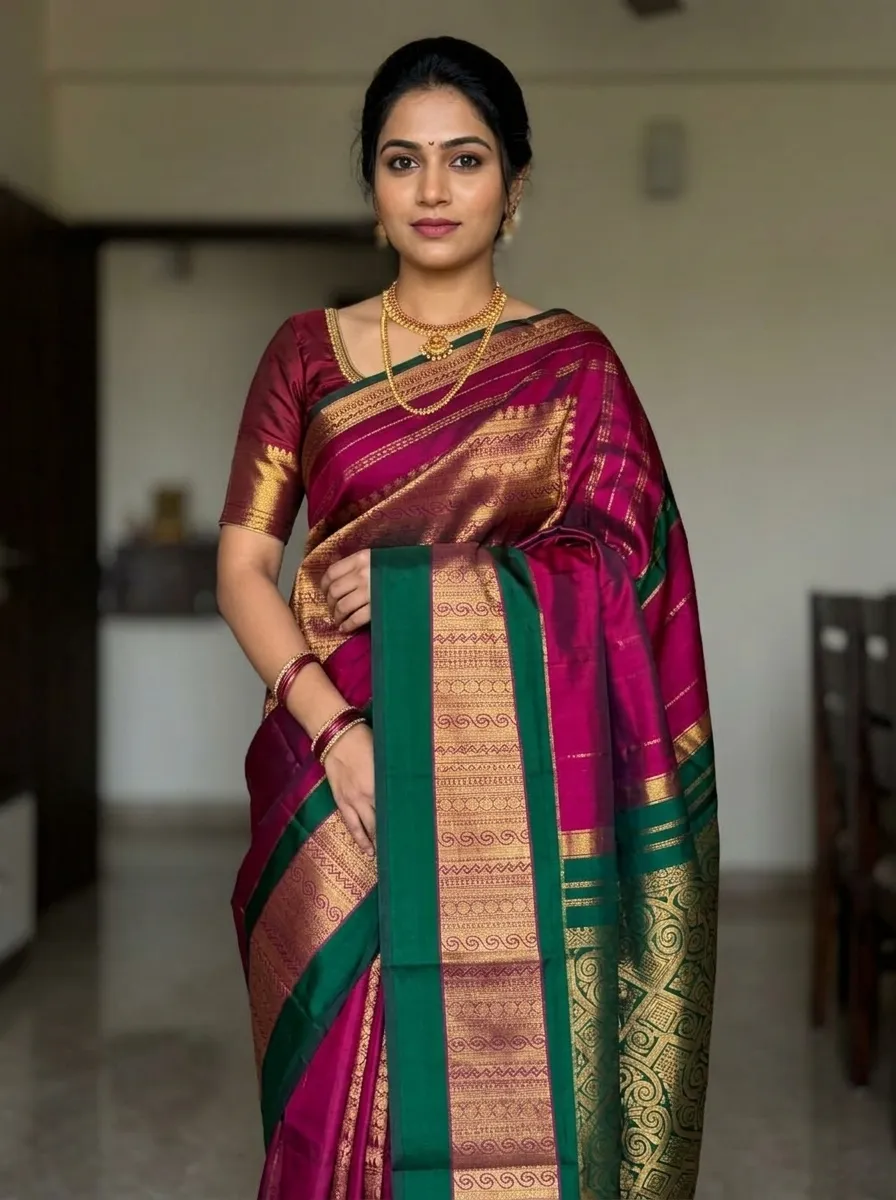 Magenta Pink & Bottle Green Kanjivaram Saree