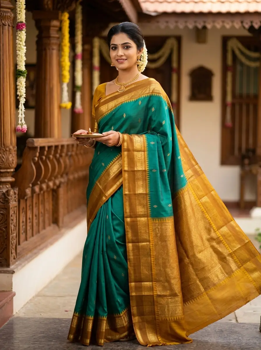 Teal Blue & Mustard Gold Kanjivaram Saree