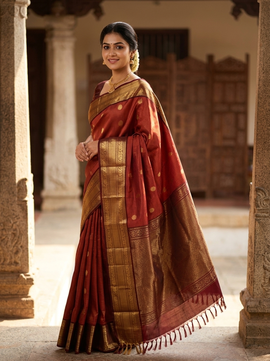 Brick Red & Antique Bronze Kanjivaram Saree
