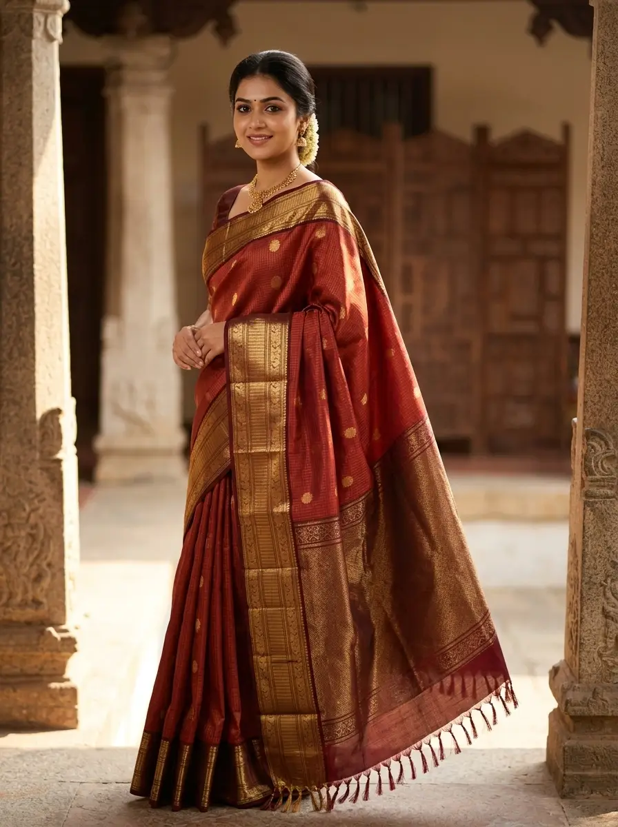 Brick Red & Antique Bronze Kanjivaram Saree