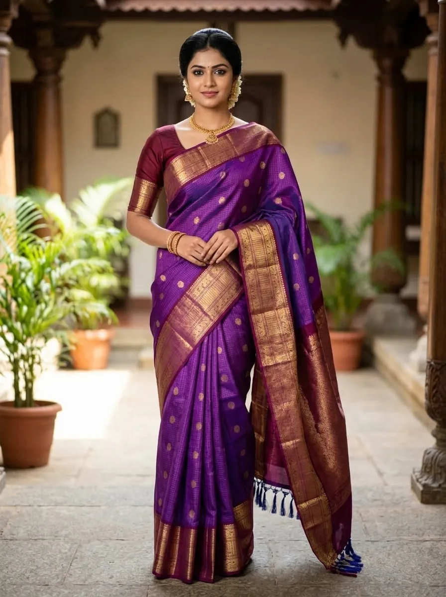 Bright Violet & Copper Gold Kanjivaram Saree