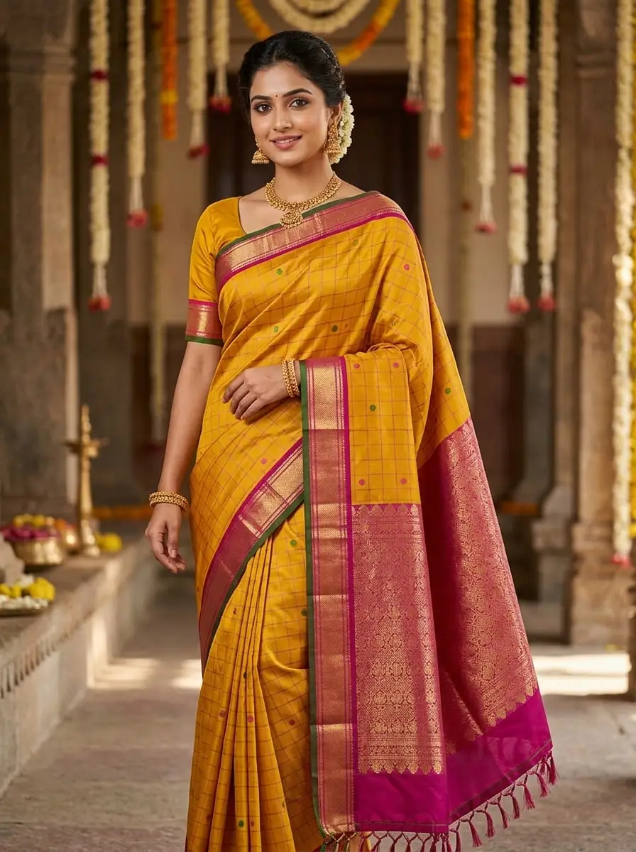 Mustard Yellow Checks Kanjivaram Silk Saree with Fuchsia Pink Border